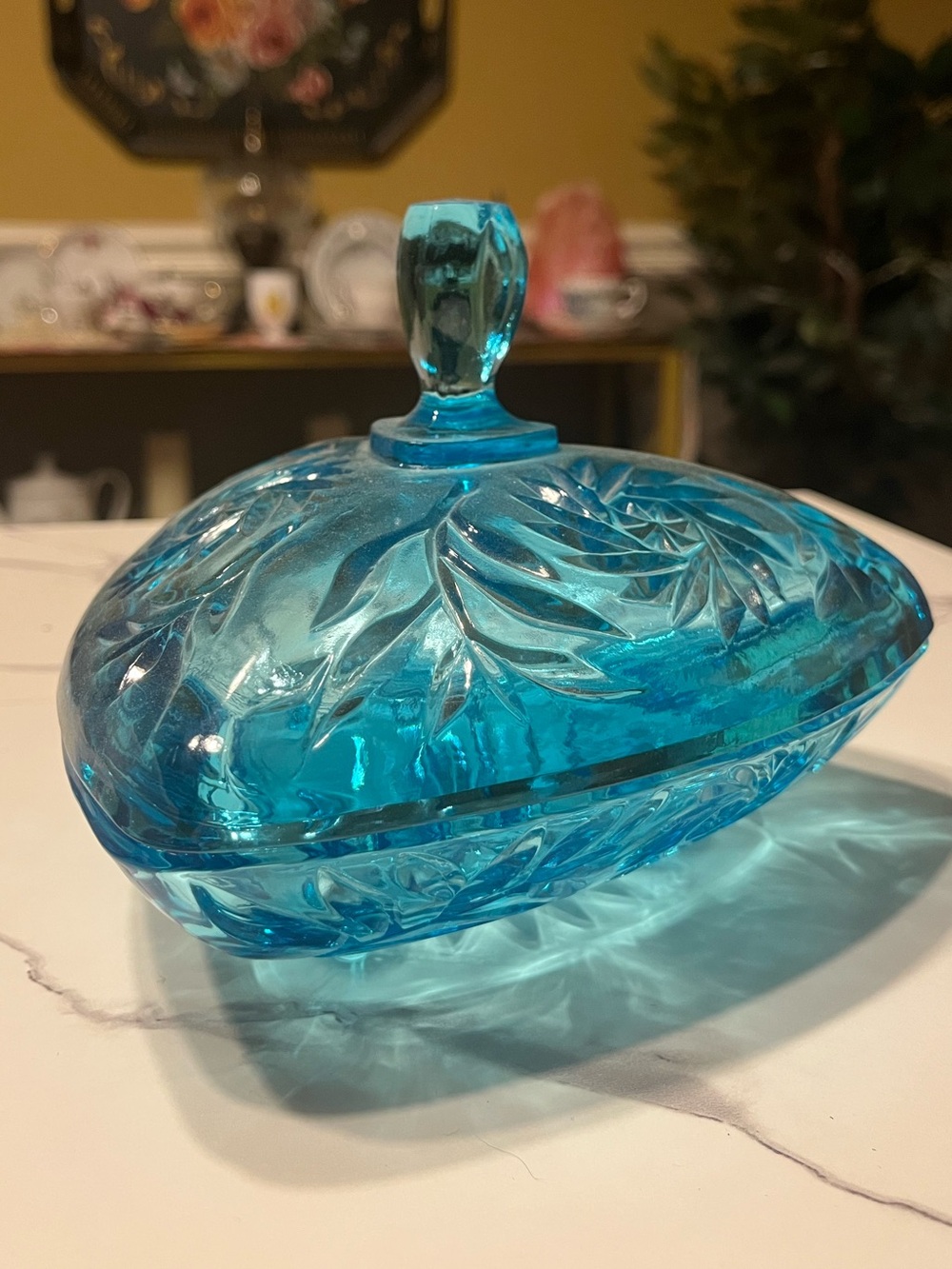 Vintage Hazel Atlas Capri Blue Pressed Glass Triangle Lidded Candy Dish